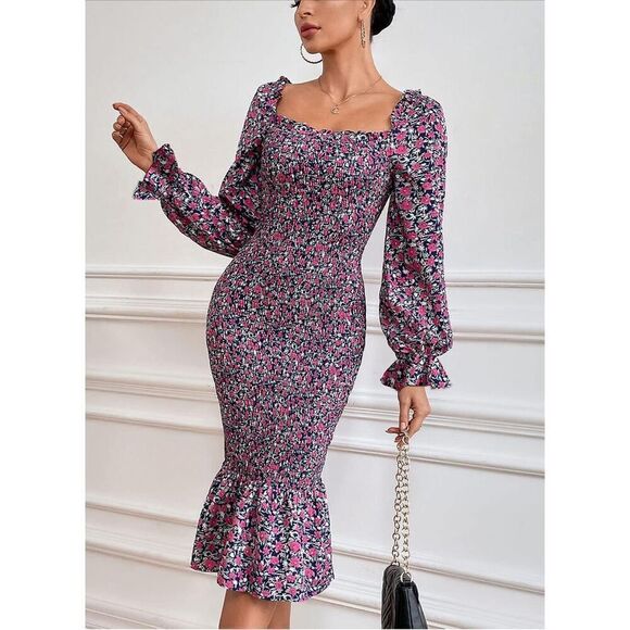 NEW PRETTYGARDEN Square Neck Ruffle Mermaid Smocked Dress M - Picture 3 of 6